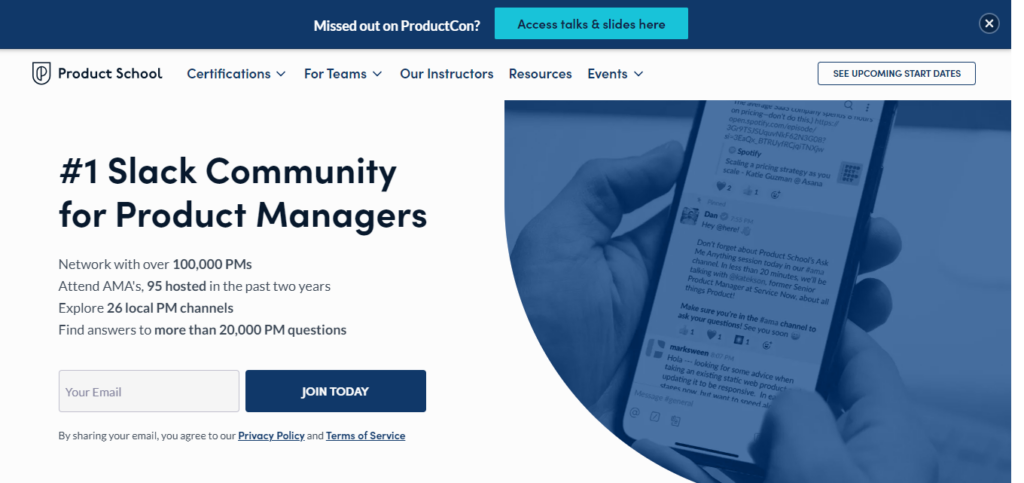 Product School Slack community signup form