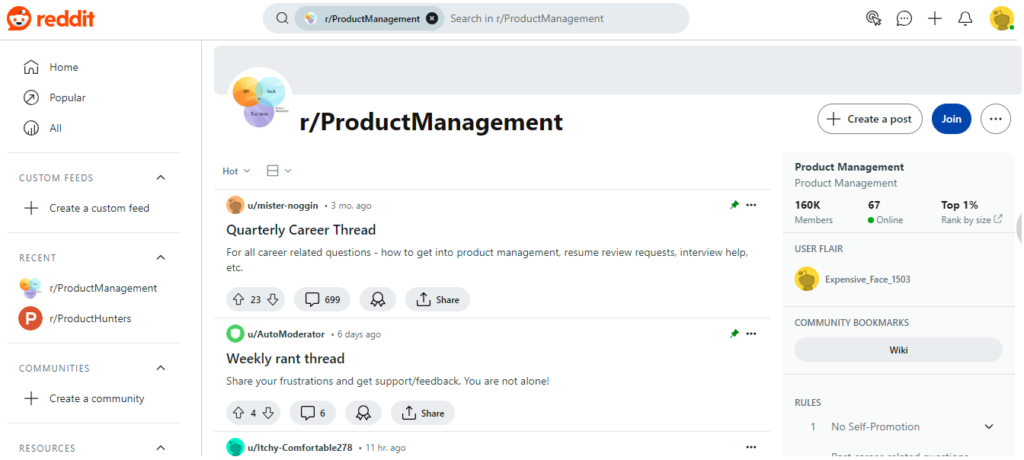 Reddit Product Management, a product management community