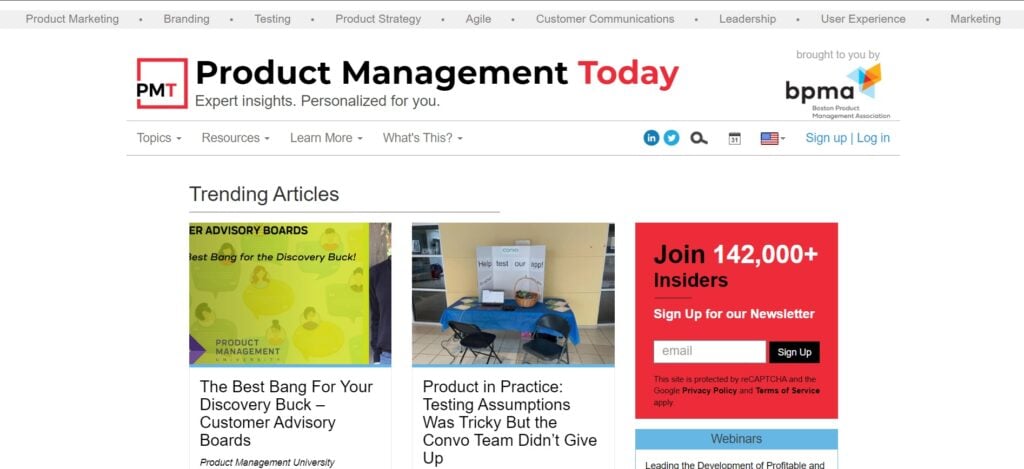 The Product Management Today newsletter website