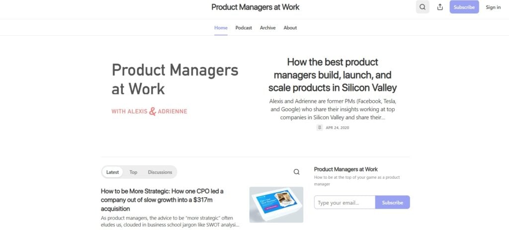 The Product Manager at Work newsletter website