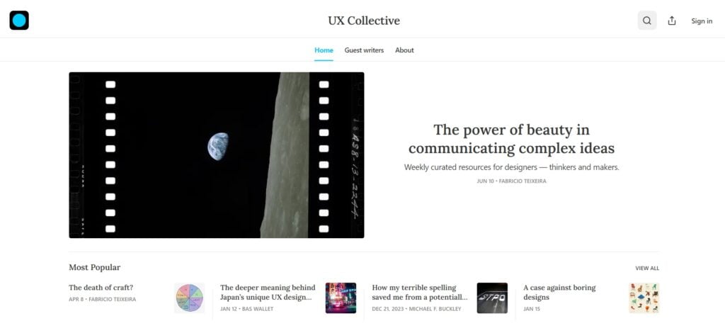 The UX collective newsletter website