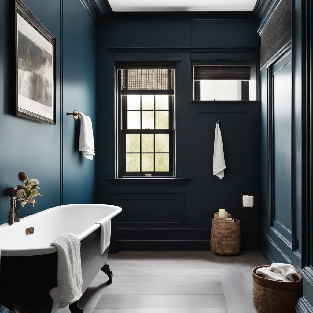 send me images of a small bathroom with black trim and moody blue walls, no windows.