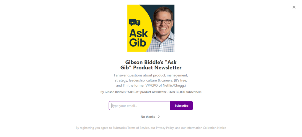 Ask Gib Product newsletter landing page