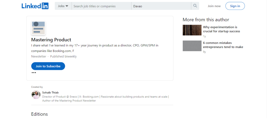 Mastering Product newsletter Linkedin page