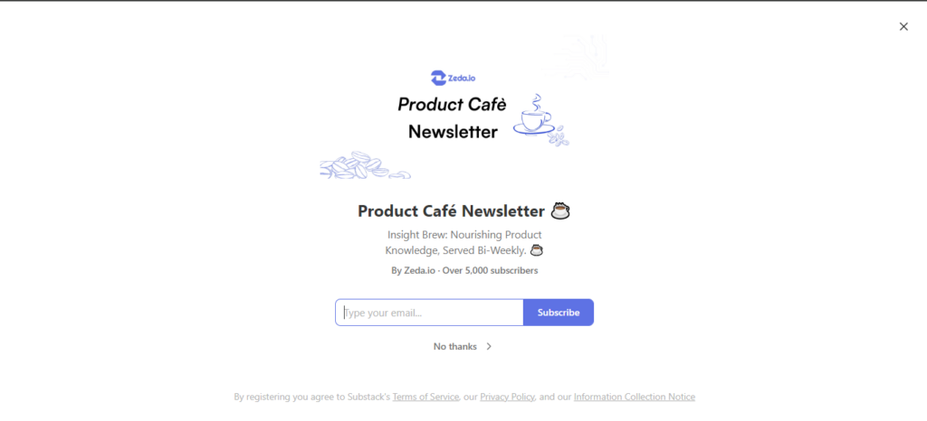 Product Cafe newsletter landing page