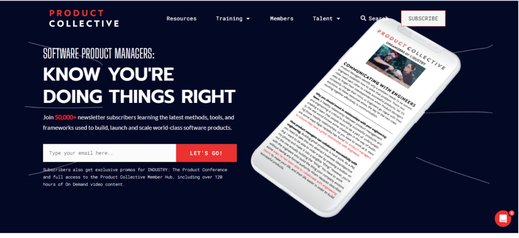 Product Collective newsletter landing page