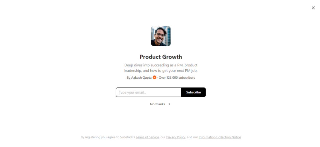 Product Growth newsletter landing page
