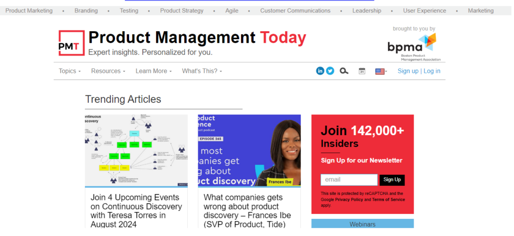 Product Management Today newsletter homepage