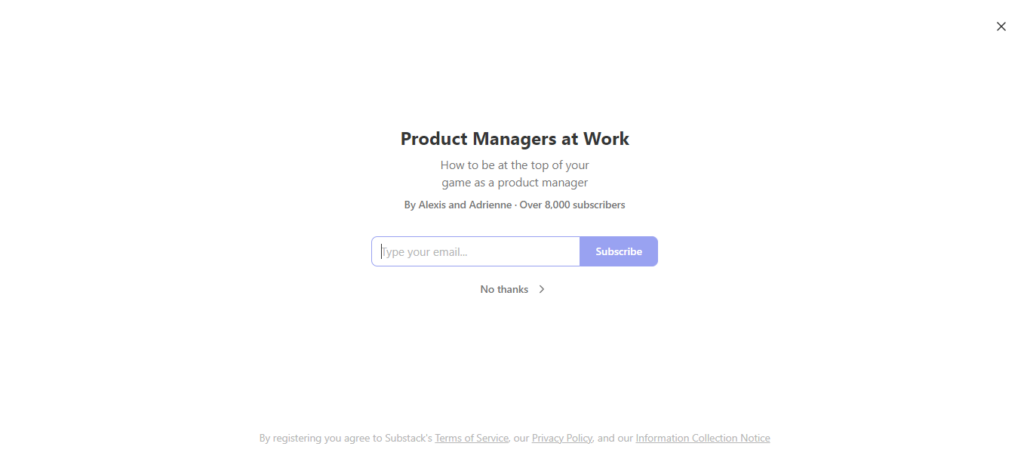 Product Managers at Work newsletter landing page