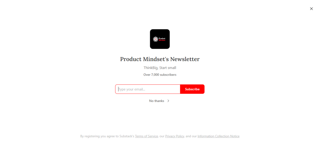 Product Mindset newsletter landing page