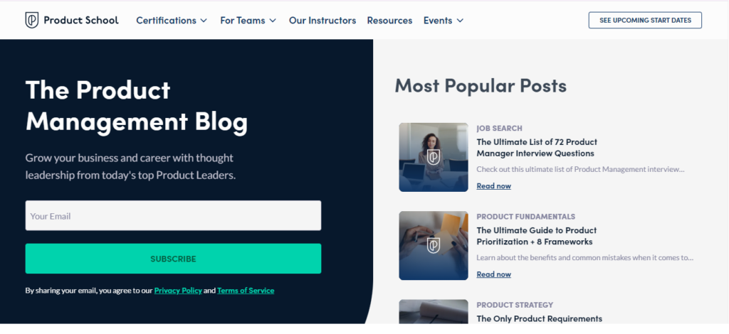 Product School Content newsletter homepage