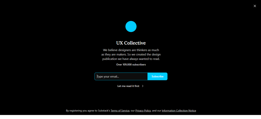 UX Collective newsletter landing page