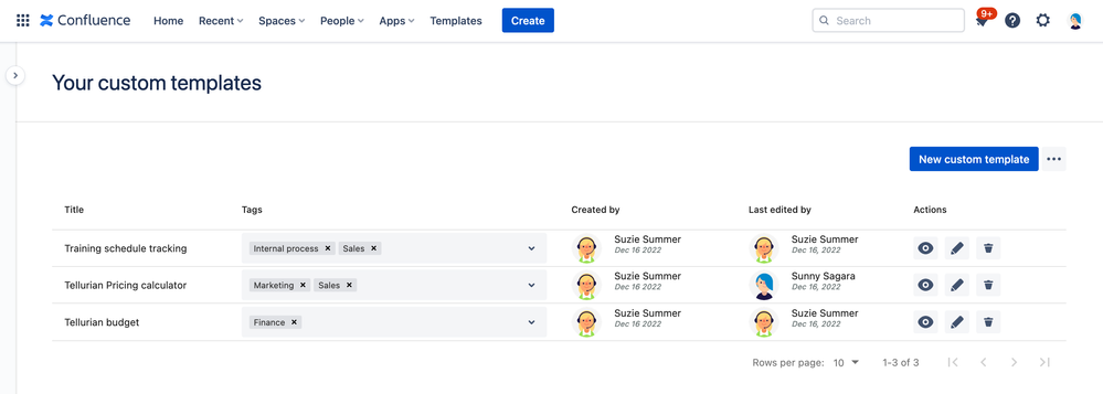 screenshot of confluence custom templates