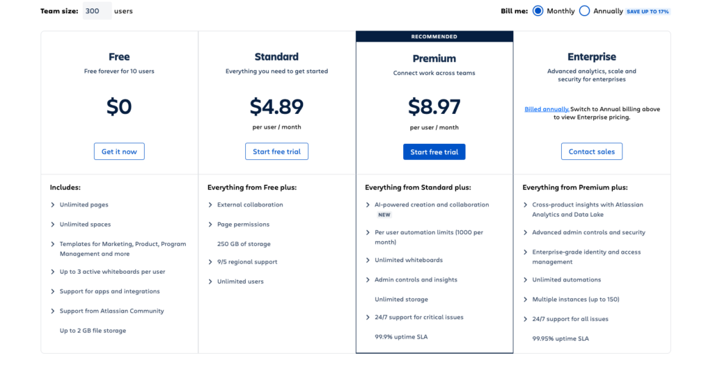 screenshot of confluence pricing plans