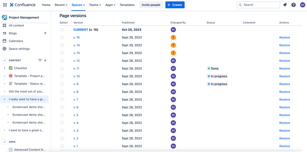 screenshot of confluence project tracking