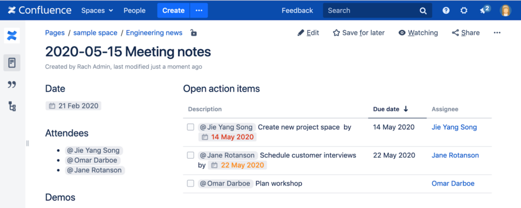screenshot of confluence task management