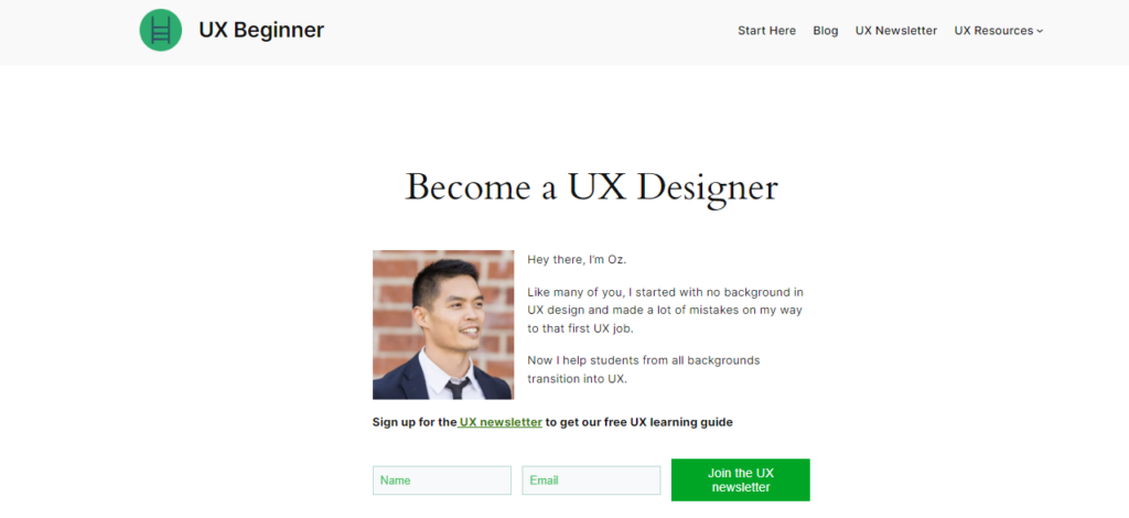 UX Beginner newsletter homepage