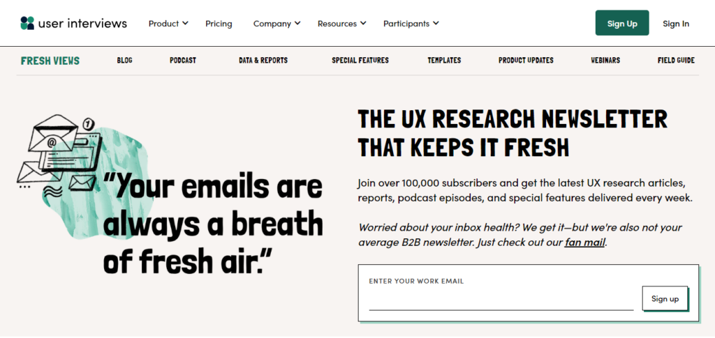 User Interviews newsletter subscription page