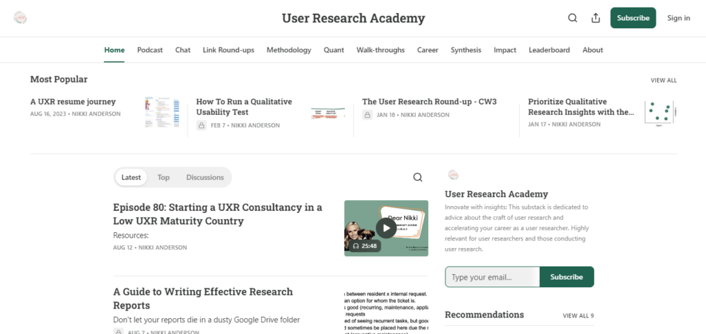 User research academy homepage