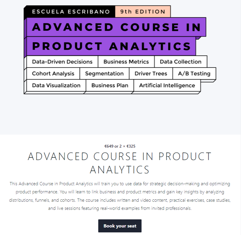 Screenshot of the landing page for Advanced Course in Product Analytics
