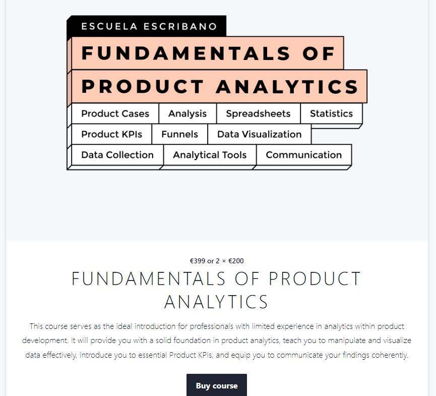Fundamentals of Product Analytics course landing page