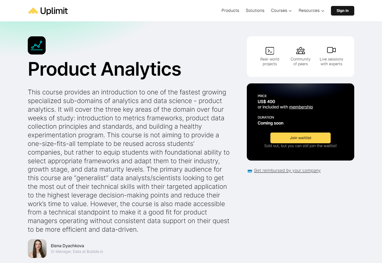 Product Analytics course landing page
