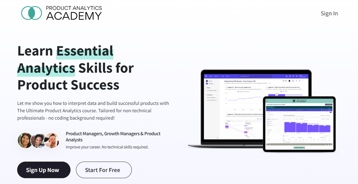 Screenshot of the landing page for The Ultimate Product Analytics Course
