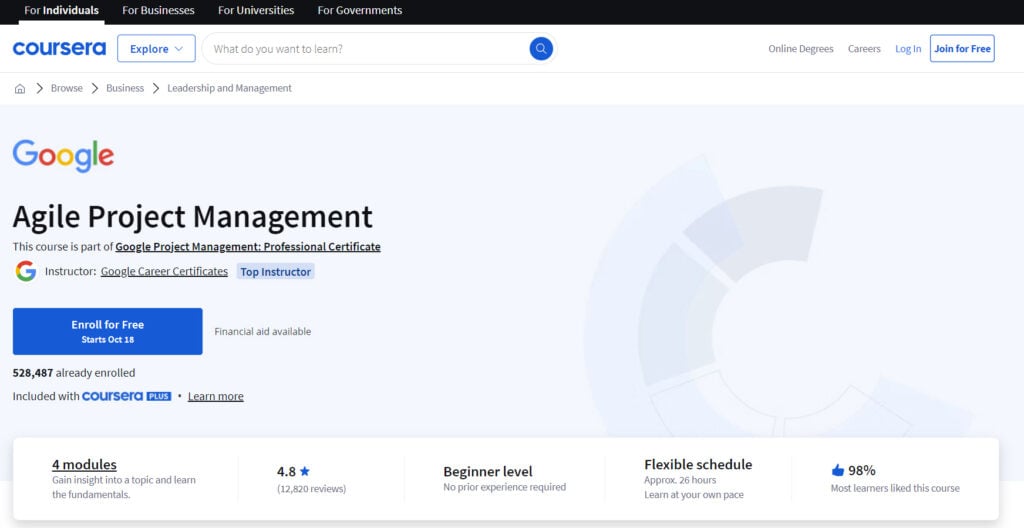 Agile Project Management course page screenshot