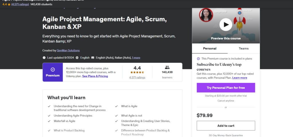 Agile Project Management: Agile, Scrum, Kanban & XP course page screenshot