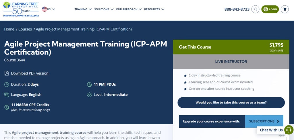 Agile Project Management Training website page screenshot