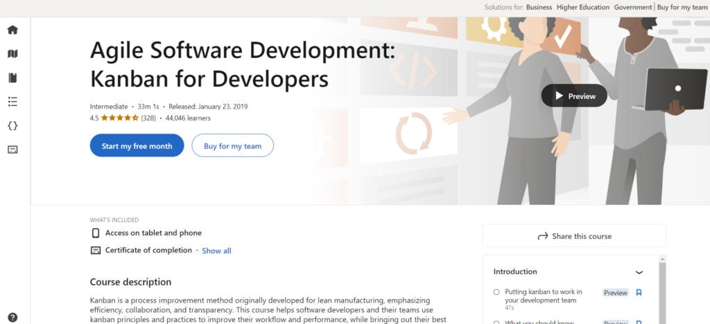 Agile Software Development: Kanban for Developers course page screenshot