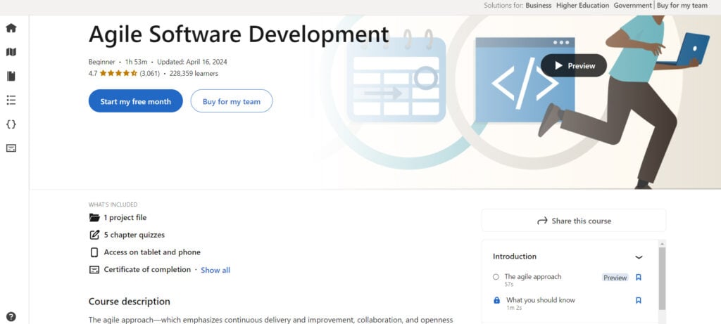 Agile Software Development course page screenshot