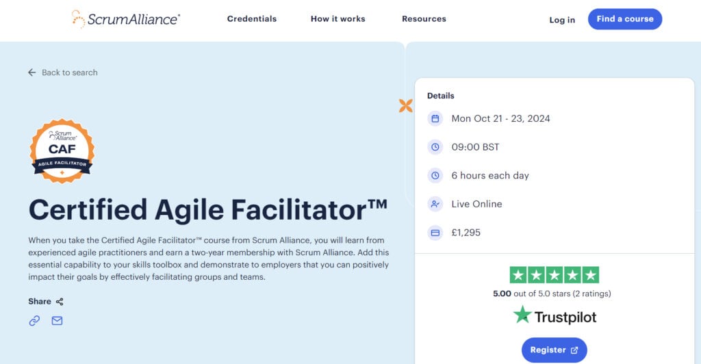 Course page screenshot of Certified Agile Facilitator
