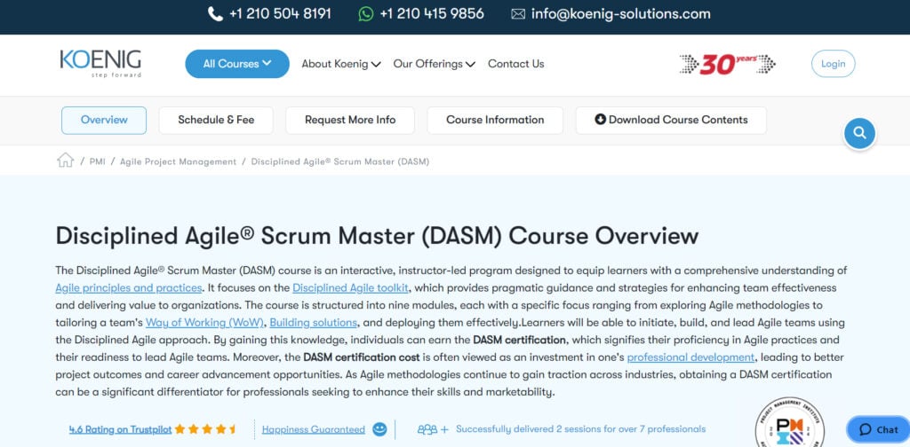 Website page screenshot of Disciplined Agile Scrum Master (DASM) Course