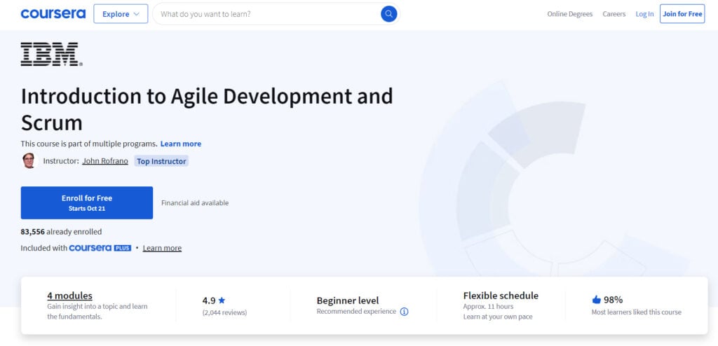 Introduction to Agile Development and Scrum course page screenshot