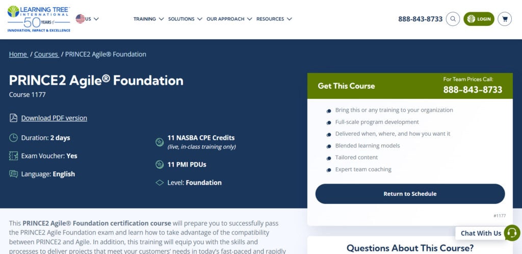 PRINCE2 Agile Foundation course website page screenshot