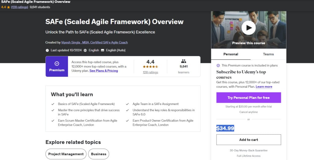 SAFe (Scaled Agile Framework) Overview course page screenshot