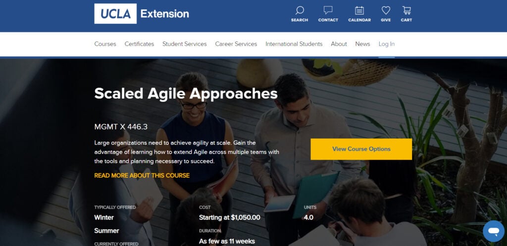 Website screenshot of Scaled Agile Approaches course