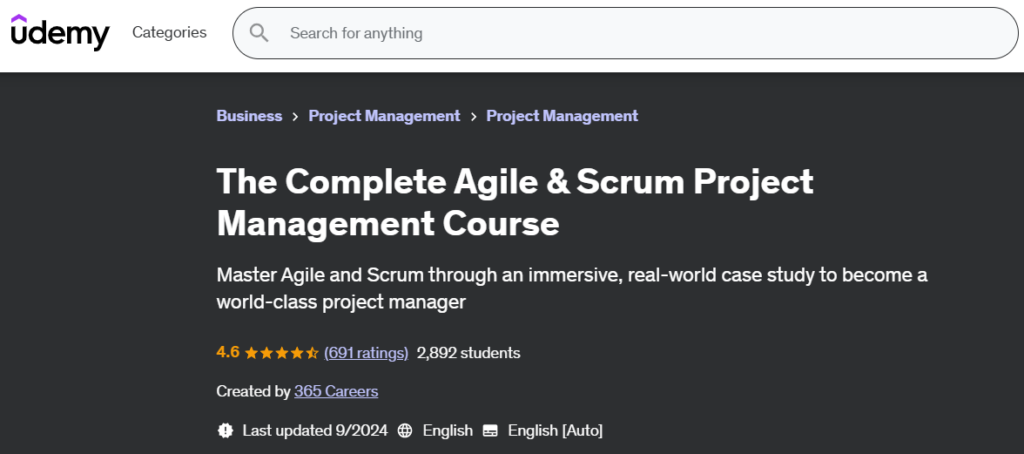 The Complete Agile & Scrum Project Management Course page screenshot