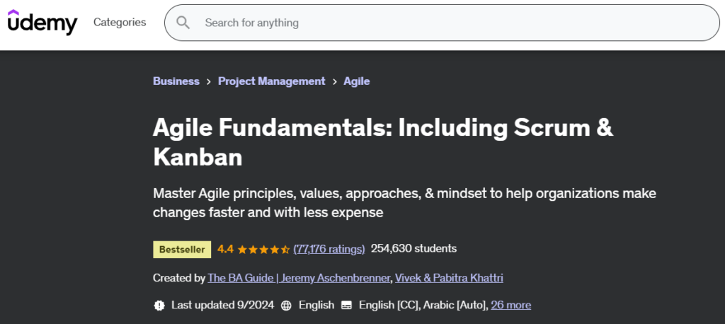 Screenshot of the Agile Fundamentals: Including Scrum & Kanban course page