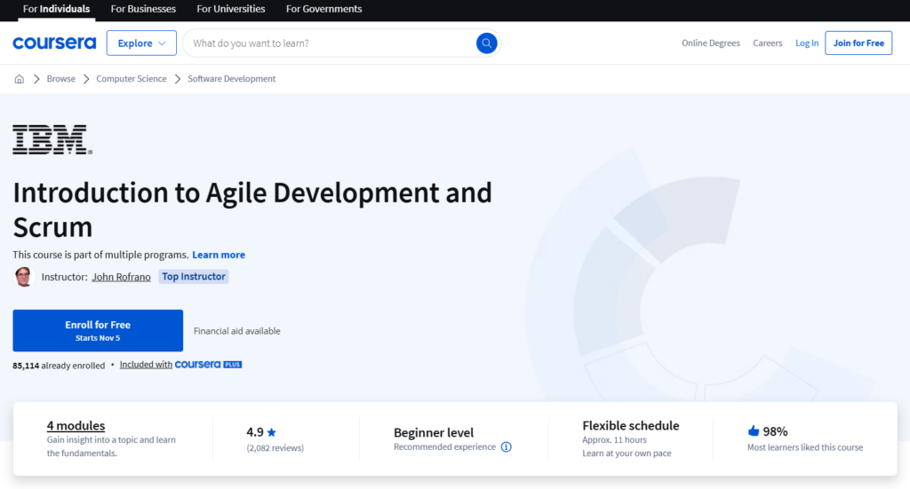 The Introduction to Agile Development and Scrum course web page screenshot