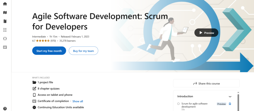 The Agile Software Development: Scrum for Developers course page screenshot