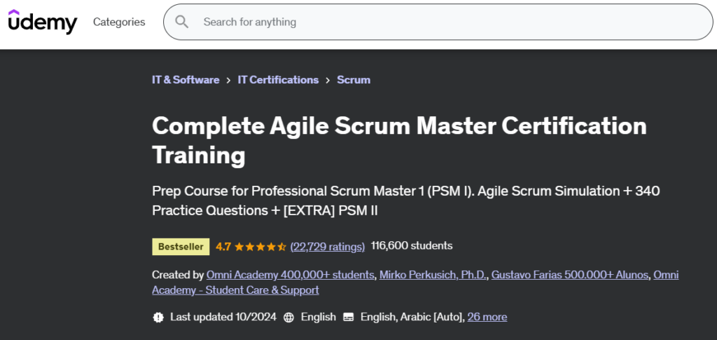 The Complete Agile Scrum Master Certification Training course page screenshot