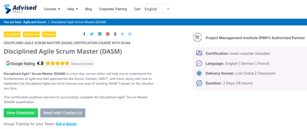 Screenshot of the Disciplined Agile Scrum Master course website page