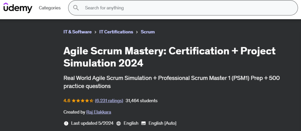 Screenshot of the Agile Scrum Mastery: Certification + Project Simulation 2024 course web page