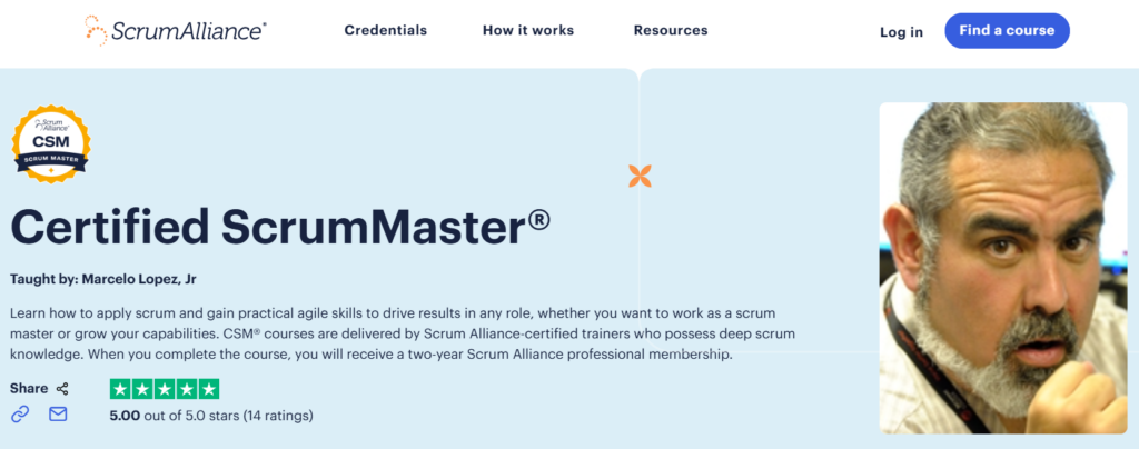 Screenshot of the Certified ScrumMaster course landing page