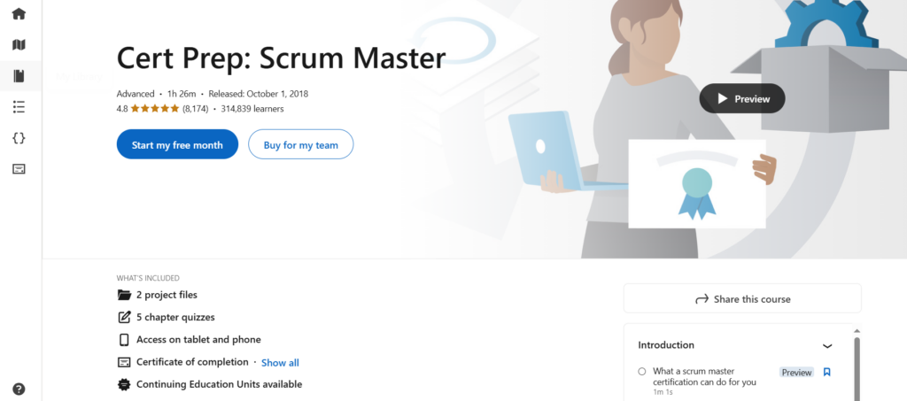 Screenshot of the Cert Prep: Scrum Master course page