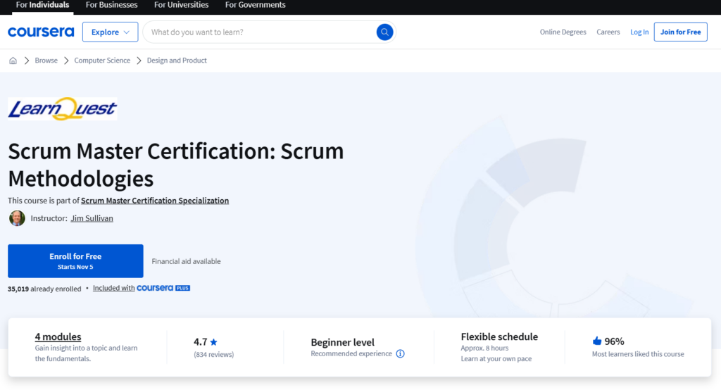 The Scrum Master Certification: Scrum Methodologies course landing page screenshot