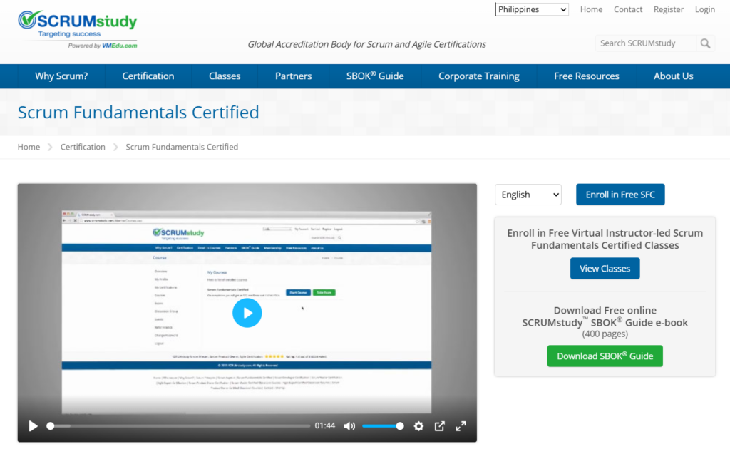 Screenshot of the Scrum Fundamentals Certified course landing page