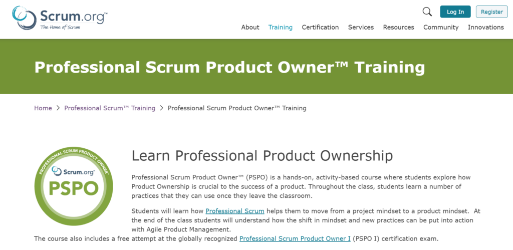 Screenshot of the Professional Scrum Product Owner™ Training course website page